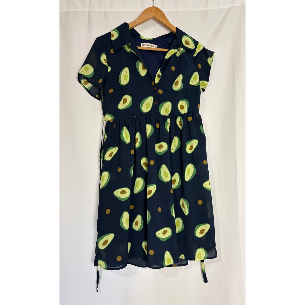 Avocado Print Shirt Dress Teacher Women Navy Medium Twee Kidcore Whimsical
